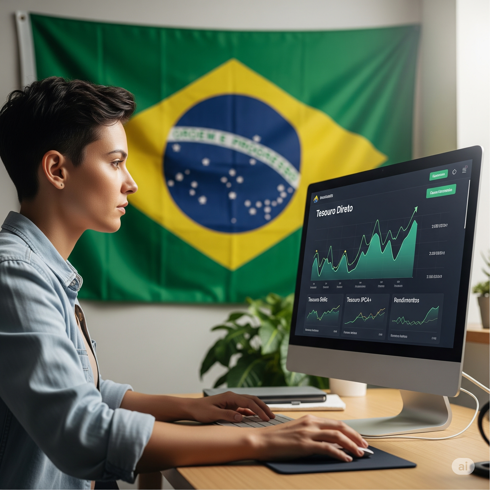 Ilustração de um investidor acessando Tesouro Direto